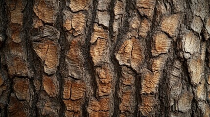 Obraz premium 81.A close-up panoramic view of the embossed texture of oak bark, showcasing deep grooves and rugged surface patterns. The intricate texture of the bark highlights the natural ridges and cracks,