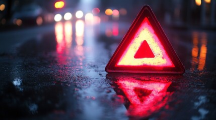 30.A reflective shot of a wet road at night, the surface slick with rainwater, showing the intense red glow of an emergency triangle. The triangle's light cuts through the misty air, casting sharp