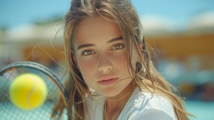 Young, athletic woman with freckles and brown hair playing tennis, focused gaze, racket in hand.