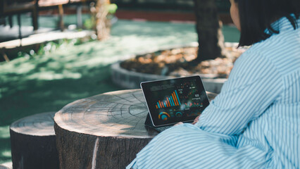 business using tablet check and review digital document marketing on cloud with internet network, working outdoors anywhere, access database online to era technology fast job, connected wireless.