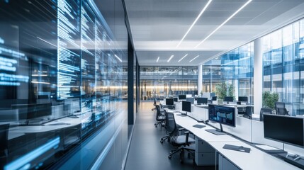 A high-tech AI-powered smart building management system, modern office building with integrated controls for optimizing energy, security