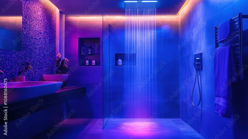 Poster This bathroom showcases a high-tech design with a smart shower system and touch panel, highlighted by colorful ambient lighting. Generative AI