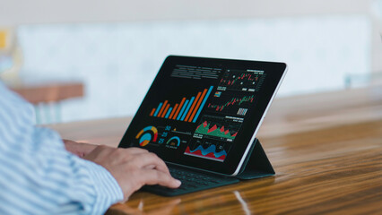 business using tablet check and review digital document marketing on cloud with internet network, working outdoors anywhere, access database online to era technology fast job, connected wireless.