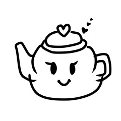A black and white drawing of a teapot with a cute face