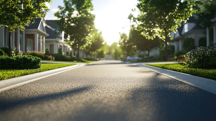 Fototapeta premium serene suburban street lined with trees and houses, bathed in warm sunlight, creates peaceful atmosphere