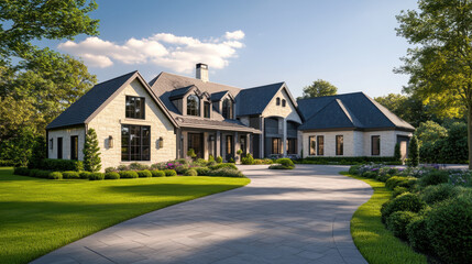 Luxurious modern house with stone exterior, landscaped garden, and driveway. elegant design features large windows and welcoming entrance, surrounded by lush greenery