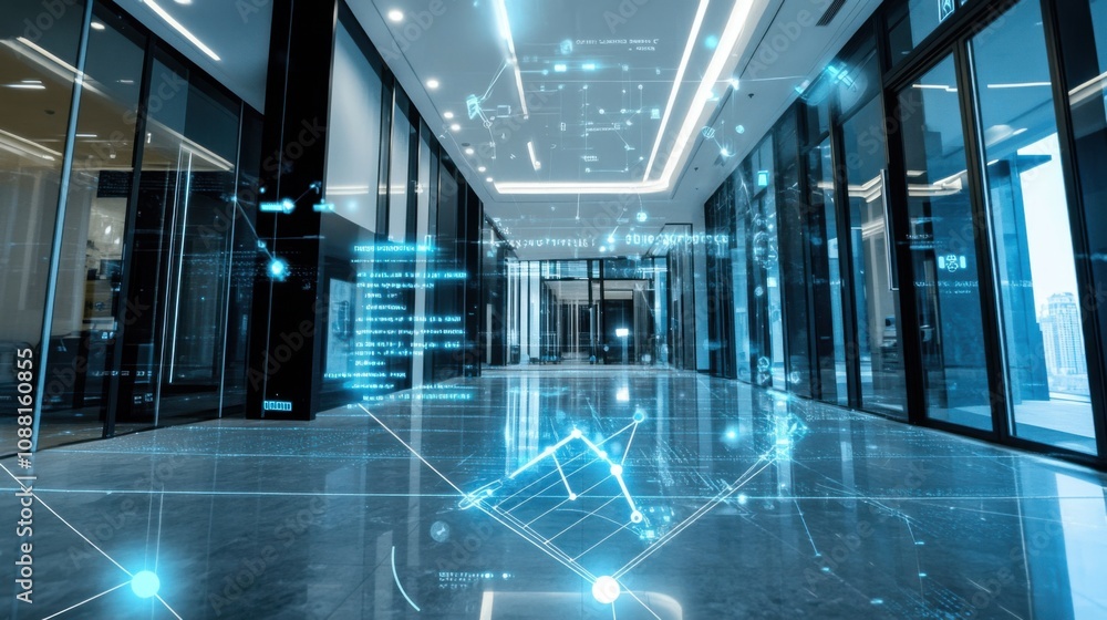 Poster A high-tech AI-powered smart building management system, modern office environment with integrated technology for controlling and optimizing building systems such as HVAC, lighting
