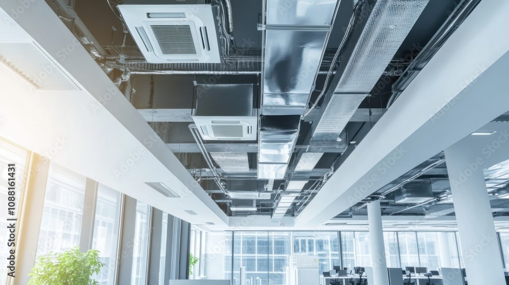 Poster A high-tech AI-powered smart building ventilation system, modern office environment with advanced air handling and purification technology, Building Ventilation style