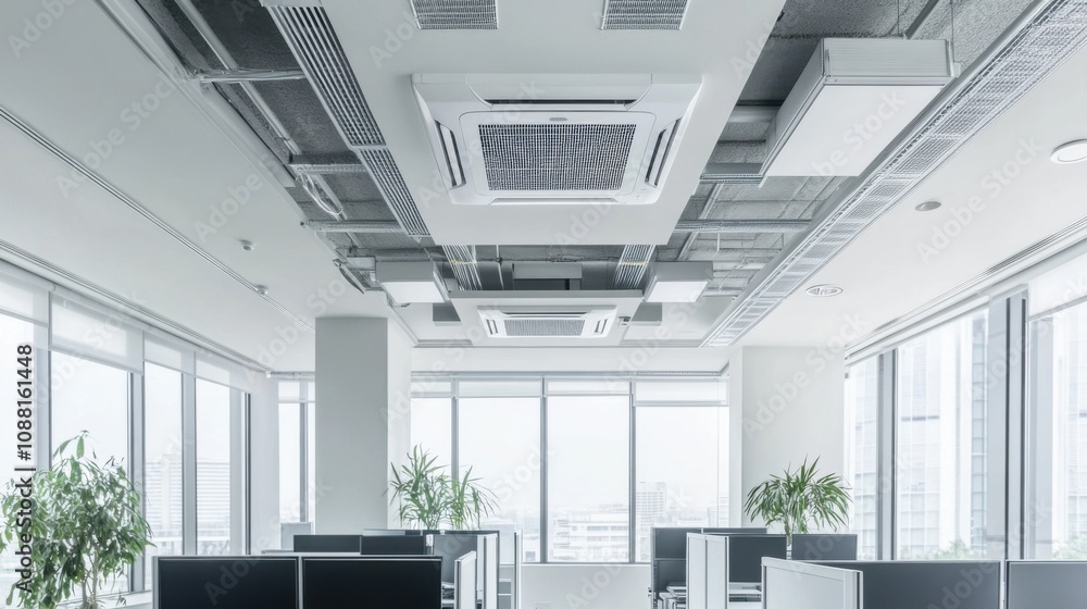 Poster A high-tech AI-powered smart building ventilation system, modern office environment with advanced air handling and purification technology, Building Ventilation style