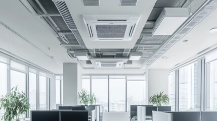 A high-tech AI-powered smart building ventilation system, modern office environment with advanced air handling and purification technology, Building Ventilation style