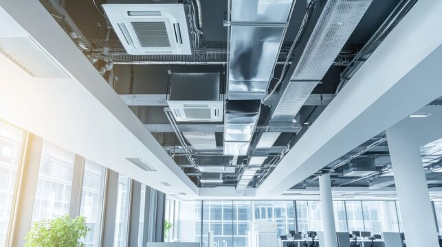 A high-tech AI-powered smart building ventilation system, modern office environment with advanced air handling and purification technology, Building Ventilation style