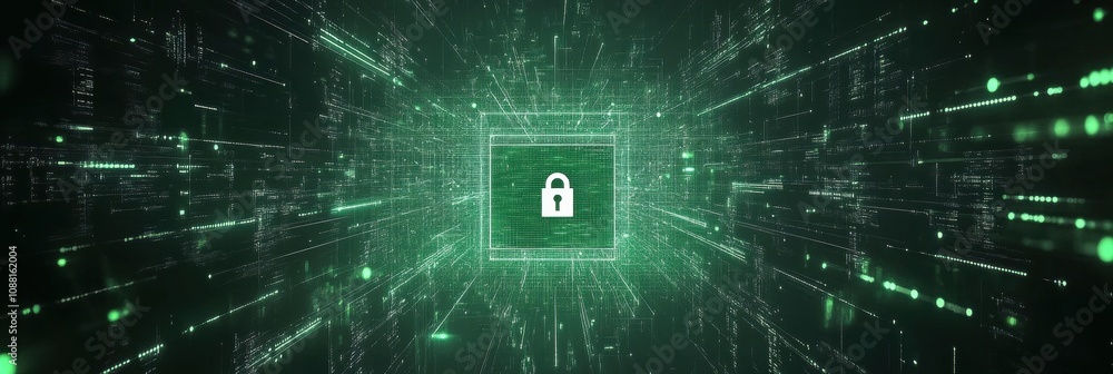 Aufkleber A digital display shows a prominent lock icon at its center, symbolizing cybersecurity amidst dynamic green data streams. Generative AI