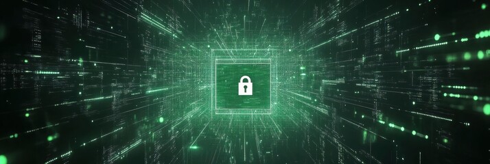 A digital display shows a prominent lock icon at its center, symbolizing cybersecurity amidst dynamic green data streams. Generative AI