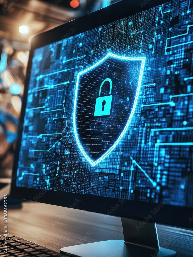 Fototapete a computer screen shows a glowing shield and lock icon, representing strong internet security measur
