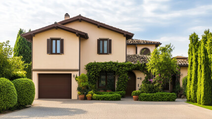 Fototapeta premium modern Italian house with lush greenery, charming facade, and welcoming entrance. design features blend of traditional and contemporary elements, creating serene atmosphere