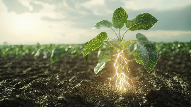 vibrant soybean plant with glowing roots emerges from rich soil, symbolizing growth and vitality in lush field under dramatic sky