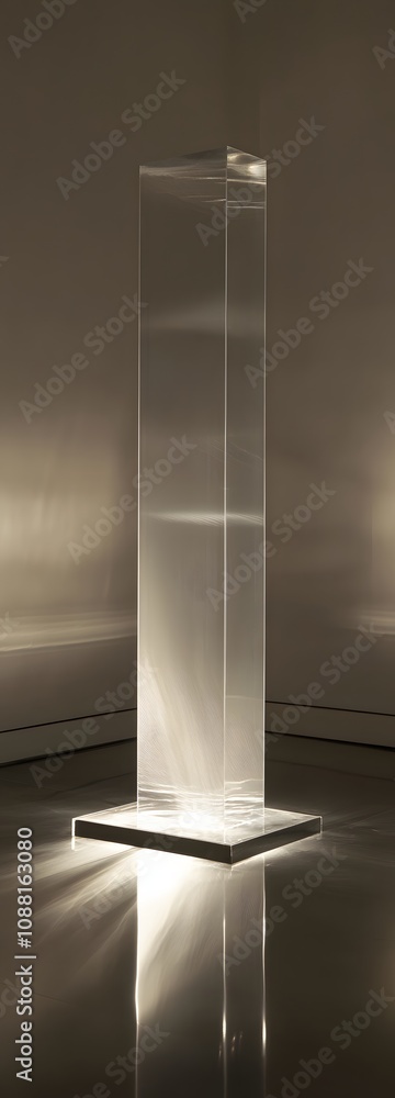 Poster 7. a sleek acrylic podium with a reflective surface, illuminated from beneath, creating space for sh