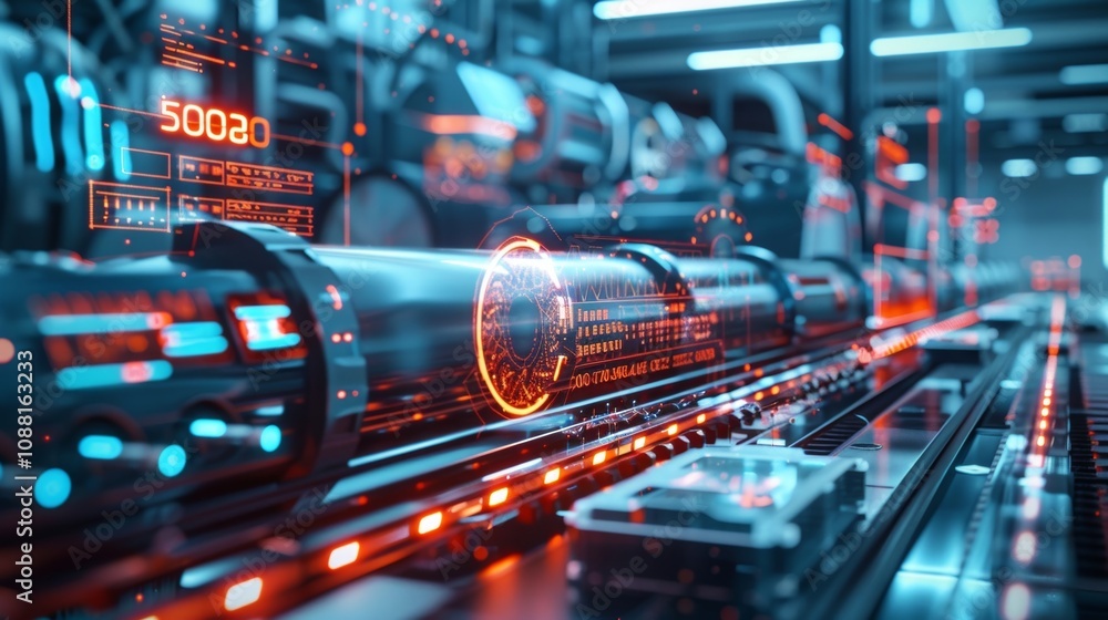 Poster complex machinery operates with glowing lights and digital displays, showcasing advanced automation 