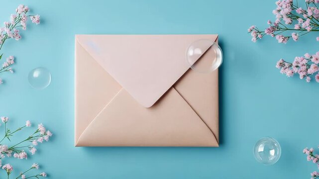 A white envelope with pink flowers on the background. The envelope is sitting on a blue surface