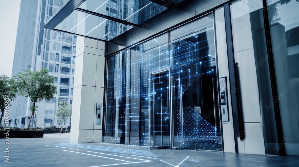 Poster A high-tech AI-powered smart facial recognition system for secure access, modern building entrance with integrated facial recognition cameras and access control features, Security Access style