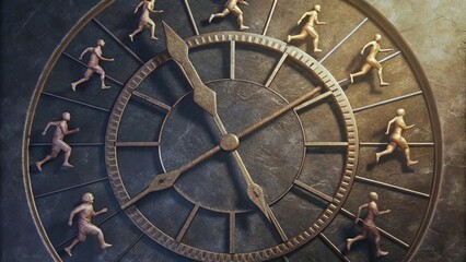Human figures running along clock face representing time and motion concept