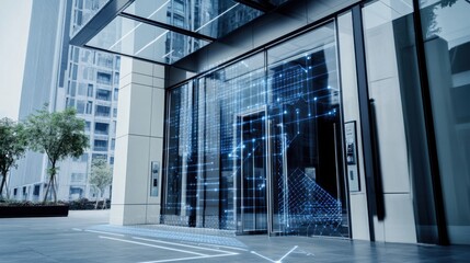 A high-tech AI-powered smart facial recognition system for secure access, modern building entrance with integrated facial recognition cameras and access control features, Security Access style