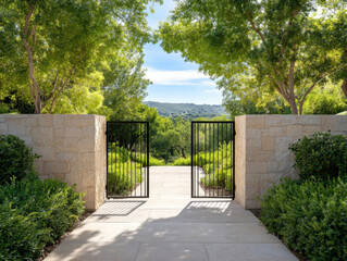 serene entryway framed by lush greenery and stone walls, leading to scenic view. wrought iron gates invite exploration of beautiful landscape beyond