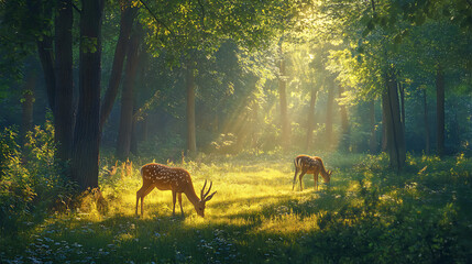 Deer grazing in a sunlit forest clearing with dappled shadows and lush foliage 