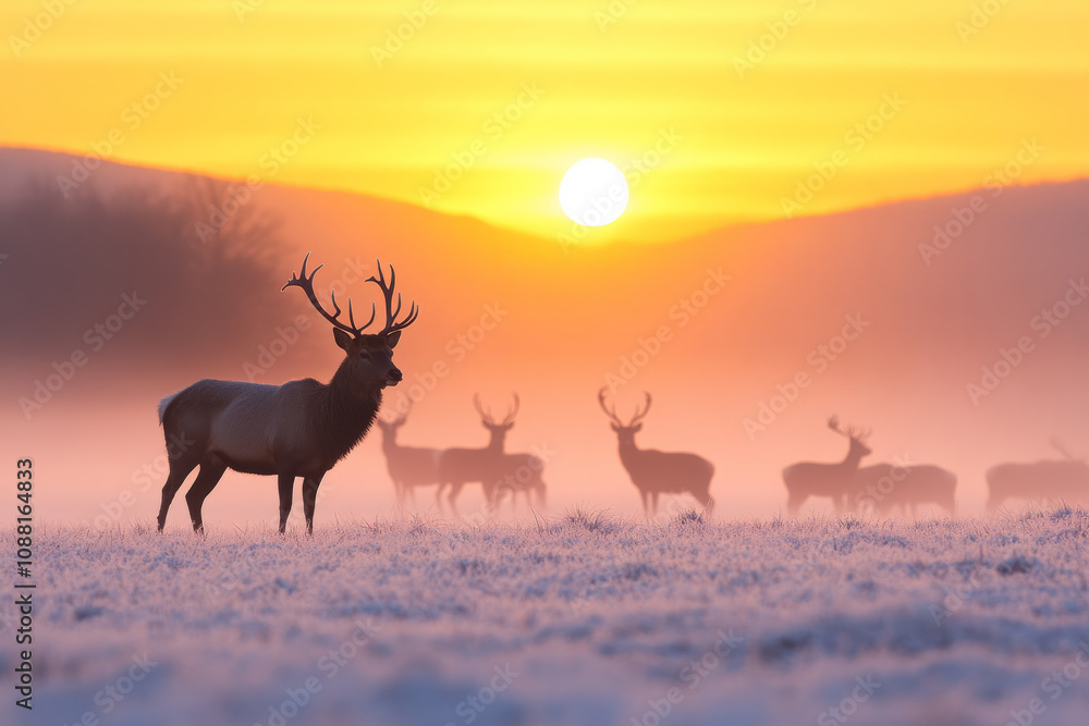 Poster a herd of deer are standing in a field with a large sun in the background