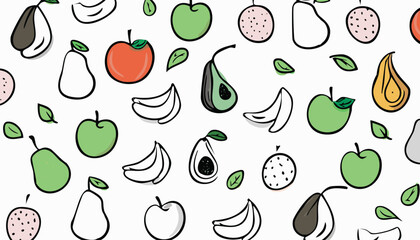 Seamless pattern with hand drawn fruits and vegetables. Vector illustration.