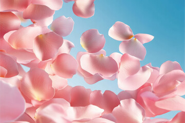 Fototapeta premium Delicate pink rose petals floating against serene blue background create calming and tranquil atmosphere, perfect for spa or relaxation themes