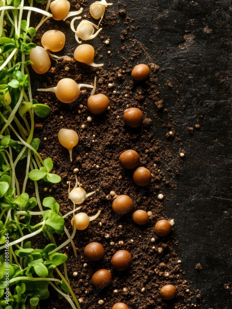 Poster a vibrant display of seeds and fresh sprouts on nutrient-rich dark soil illustrates the beginnings o