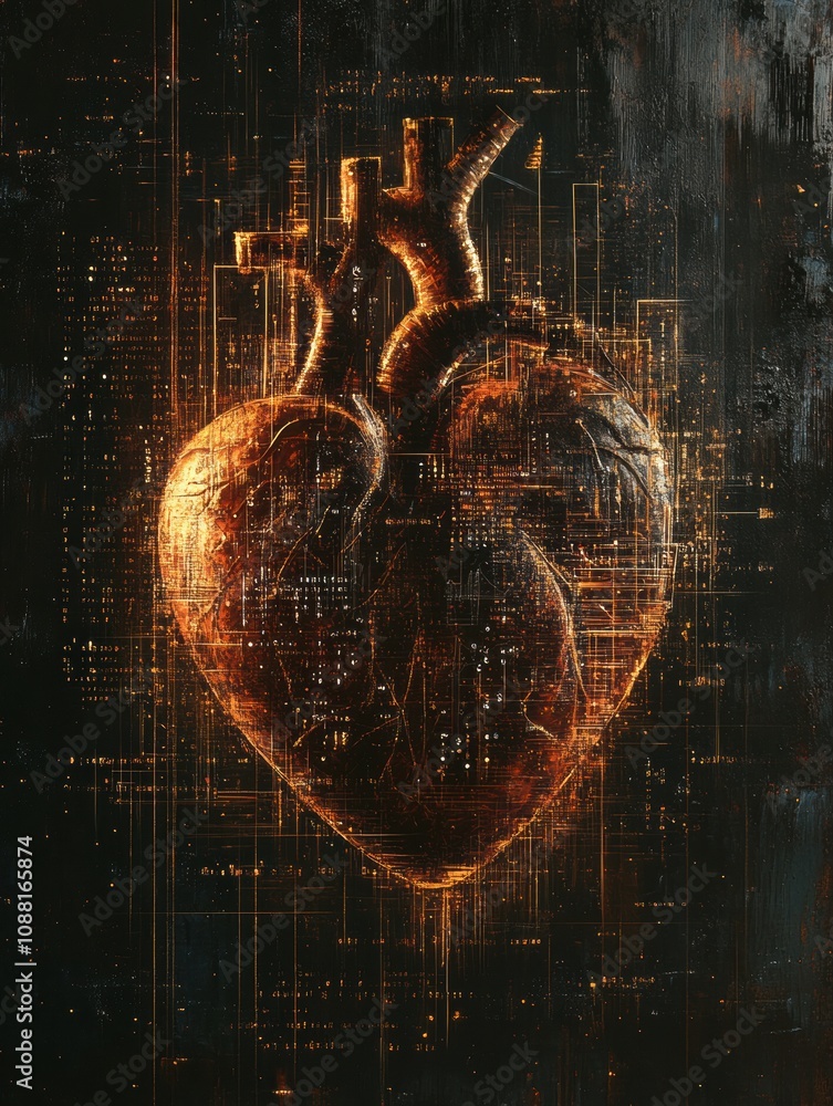 Poster a human heart is surrounded by intricate digital code, symbolizing the fusion of biology and technol