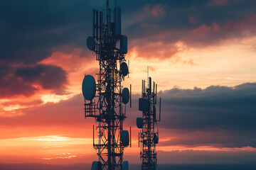 two communication towers silhouetted against a fiery sunset with glowing orange and pink clouds in the background
