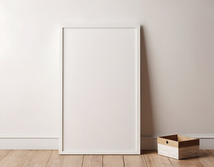 Blank white picture frame leaning against a white wall on a wooden floor, perfect for showcasing artwork, photography, or prints. Ideal for interior design, home decor, or gallery wall mockups.