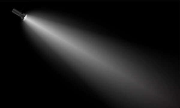  flashlight black background vector. Light of spotlight ray on stage dark room. Light on blackout.