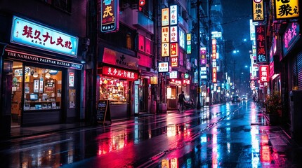 Fototapeta premium Vibrant neon city street at night with reflections on wet pavement