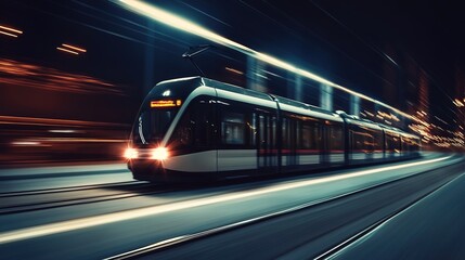 Fototapeta premium Light Rail Train Moving Along Tracks in Urban Setting, Depicting Efficient Public Transportation with Modern Design, Surrounded by Cityscape and Infrastructure.