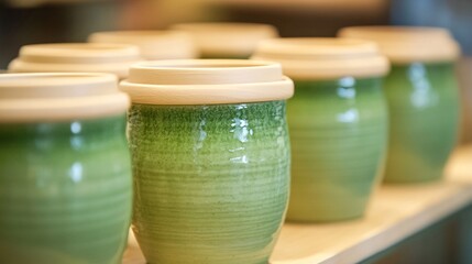 87.A close-up of eco-friendly coffee cups made from algae, their smooth, slightly green surface adding a natural touch to the coffee shopâ€™s decor. The cups are part of a zero-waste initiative,
