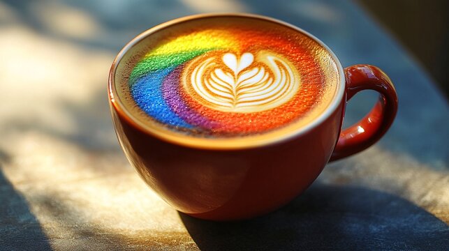 12.A close-up of a coffee cup, with the foam on top displaying vibrant rainbow colors in bold stripes. The cup is placed on a smooth table, with the rainbow hues shining brightly, symbolizing