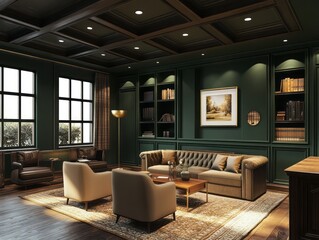 Elegant Green Library With Luxurious Seating And Built In Bookshelves