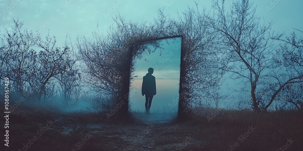 Poster mysterious portal in a misty forest. surreal landscape with a person walking towards the light.