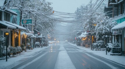 Fototapeta premium Snowy street scene at night with shops and cars.