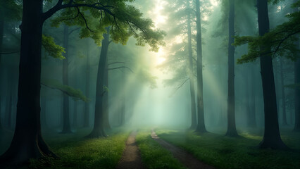 Naklejka premium Misty Forest at Dawn