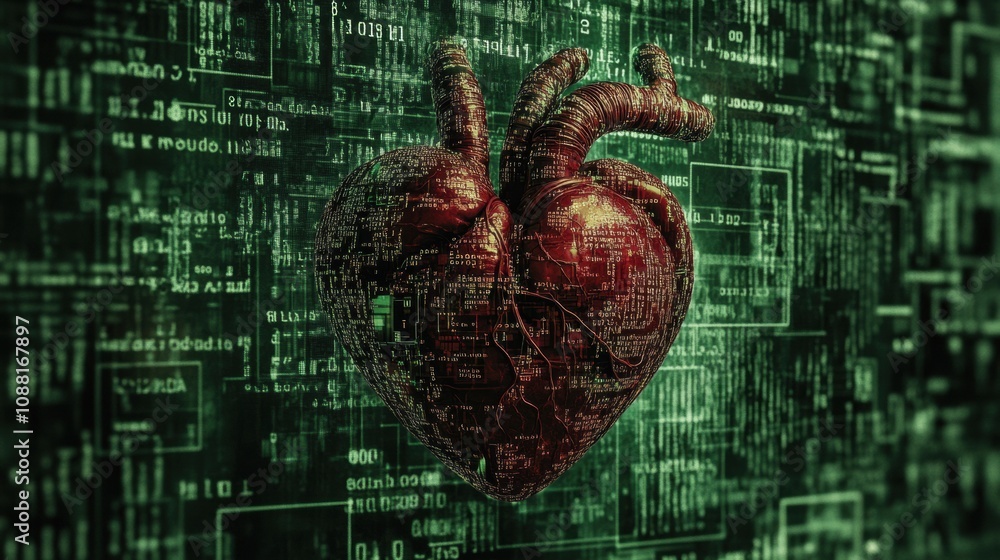 Leinwandbilder a human heart is surrounded by flowing digital code, illustrating the connection between biology and