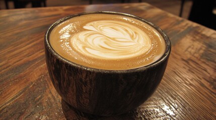 8.A cozy coffee shop atmosphere with a latte art coffee resting on a wooden table. The art swirls in shades of creamy white and caramel, blending perfectly with the natural grain of the table, while