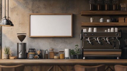32.A cozy coffee shop interior featuring a blank frame mockup hanging above a rustic wooden shelf with a coffee machine. The warm wood tones and industrial elements create a relaxed, inviting vibe,