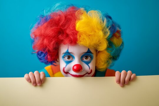 Young boy clown with a red nose and colorful wig playfully hiding behind a blank sign in a cheerful setting