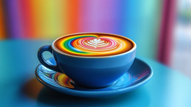 13.A cup of coffee with a rainbow-colored foam design on top, sitting on a sleek table. The vibrant colors of the rainbow swirl harmoniously, creating a visually striking and uplifting atmosphere,
