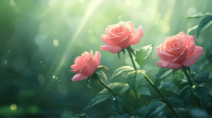 Obraz premium Three pink roses with green leaves in blurred background create serene and enchanting atmosphere, perfect for conveying beauty and tranquility